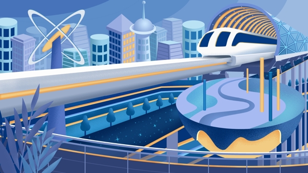 原创手绘插画未来都市高铁城市