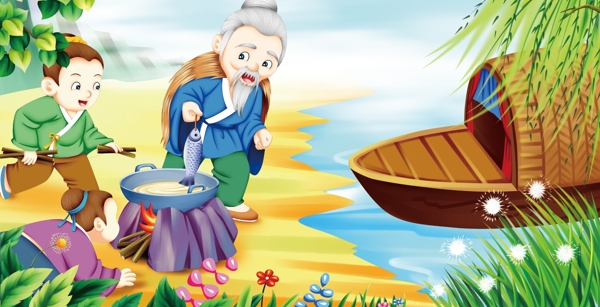 简约卡通可爱绘本风诗词文化淮上渔者场景插画