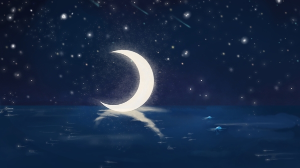 蓝色湖面上的弯弯的月亮星空卡通背景