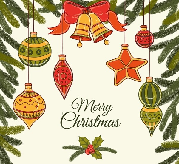 彩绘圣诞松枝和吊球贺卡