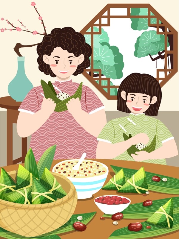 端午节女儿跟妈妈学习包粽子