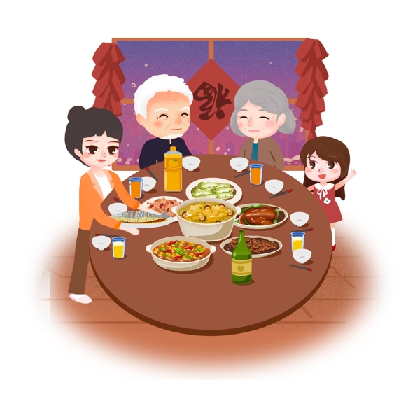 手绘新年春节家人团圆饭