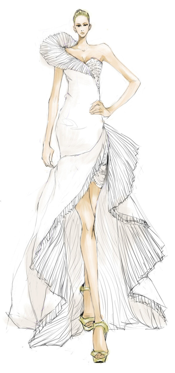 白色时尚长裙礼服设计图