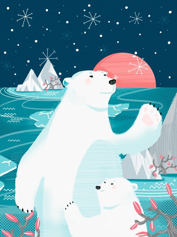 呆萌北极熊父子自然印记原创小清新插画