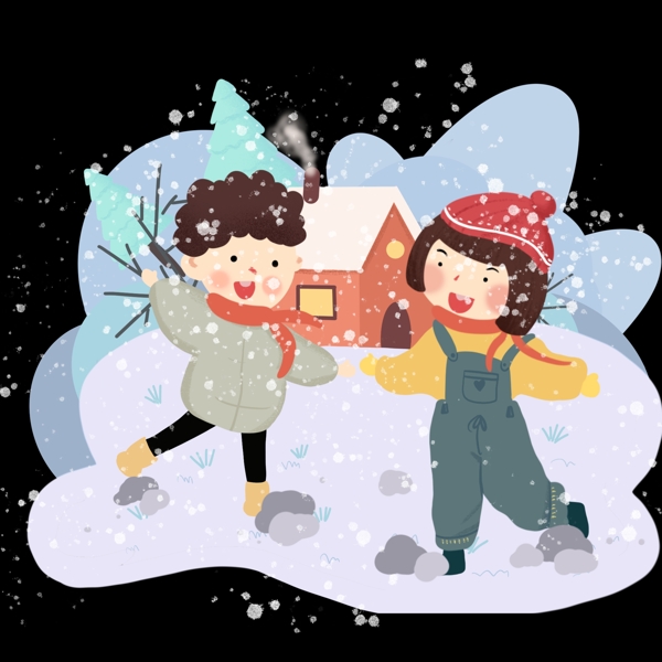 冬季雪地场景蓝色手绘插画雪地场景PNG