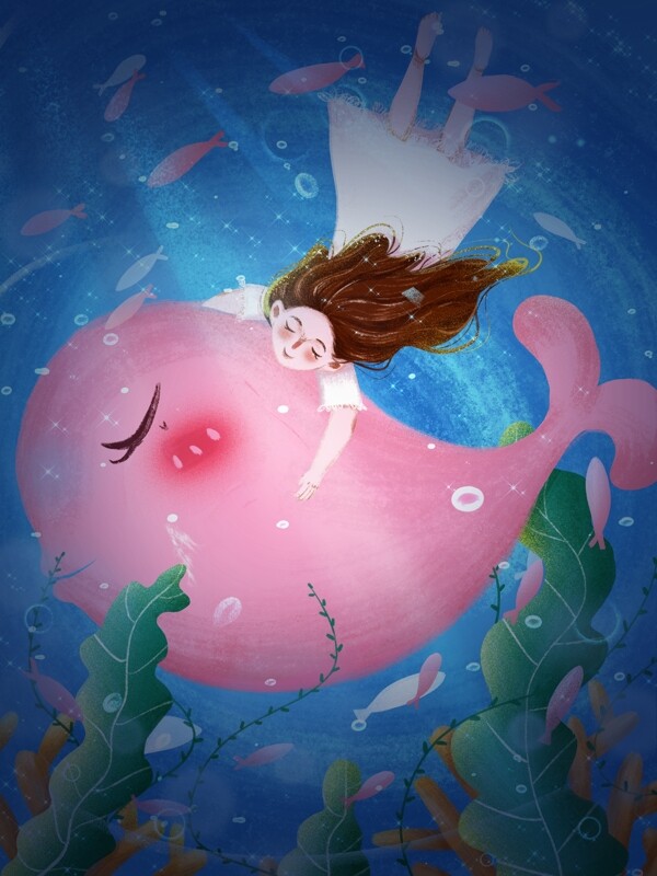 世界海洋日拥抱海豚爱护海洋环保插画海报
