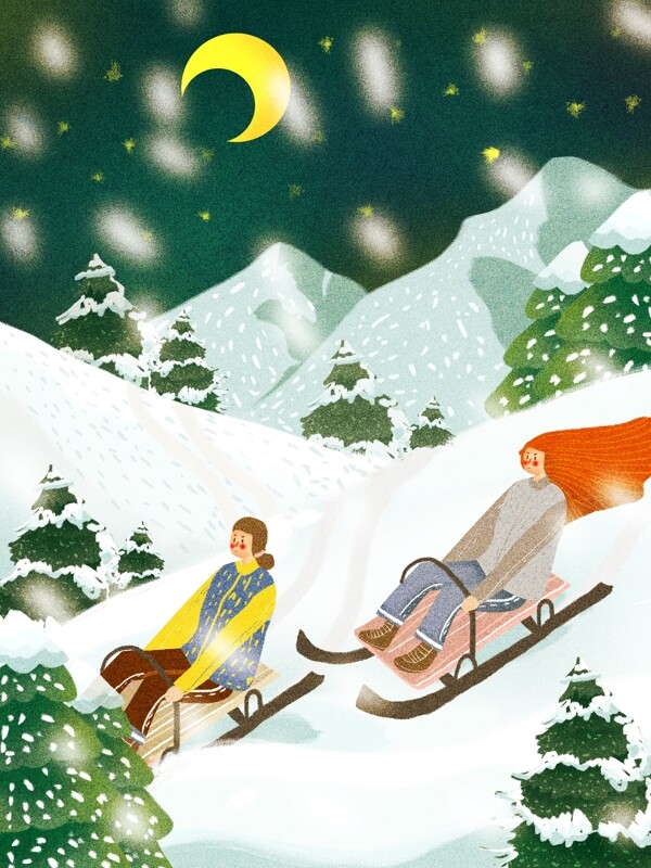星夜少女大雪滑雪橇肌理植物雪山
