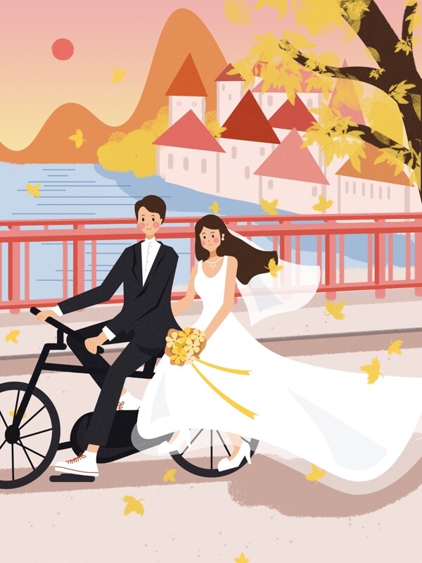 自行车婚礼人物场景插画