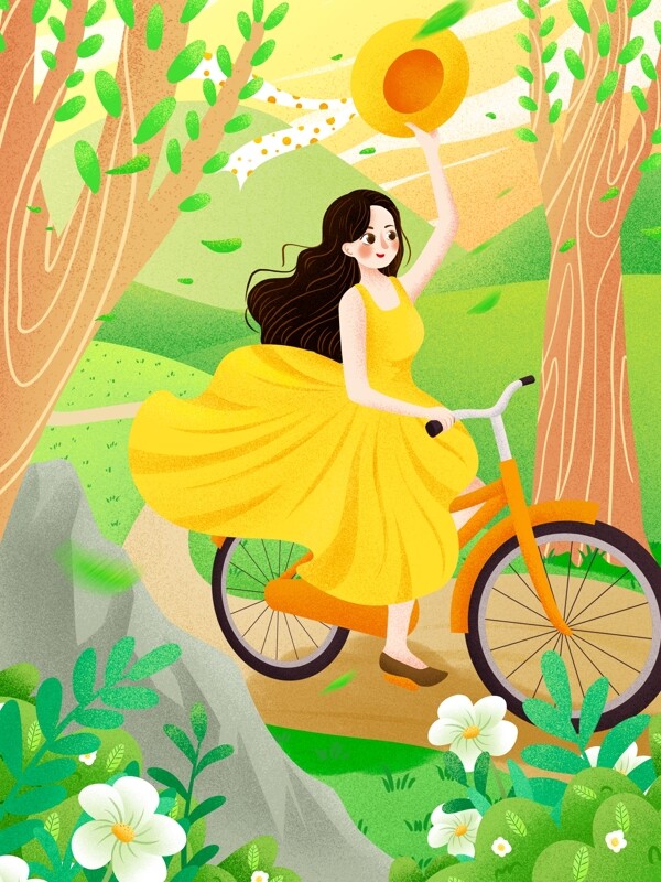 小清新绿色环保出行骑自行车女孩插画
