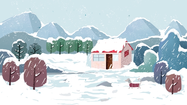 手绘树林中的雪屋冬季背景素材