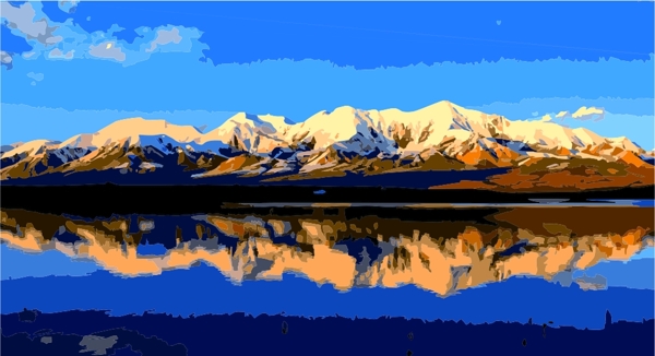 雪山蓝天深湖矢量版油画图片