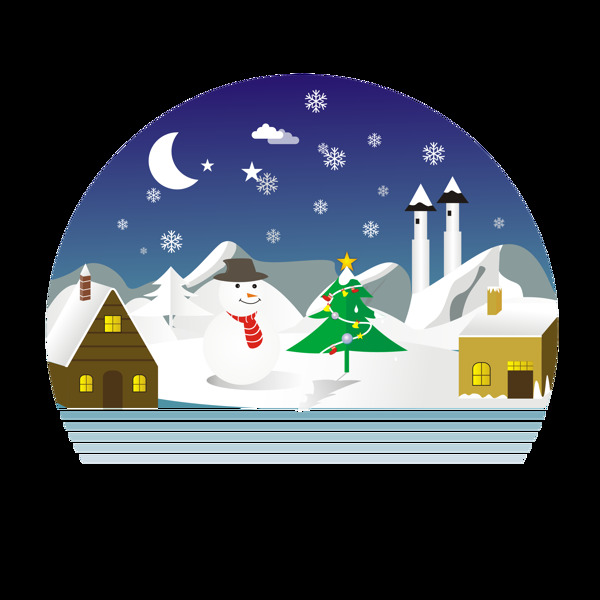 圣诞元素圣诞场景手绘圣诞夜里的乡村雪景