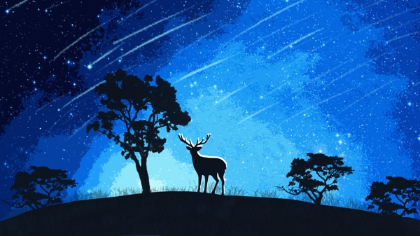 梦幻星空下的鹿仰望星空治愈插画海报配图