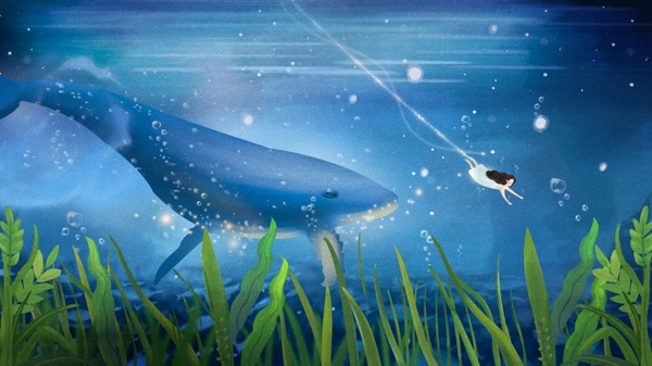 蓝色唯美治愈深海鲸鱼美女插画