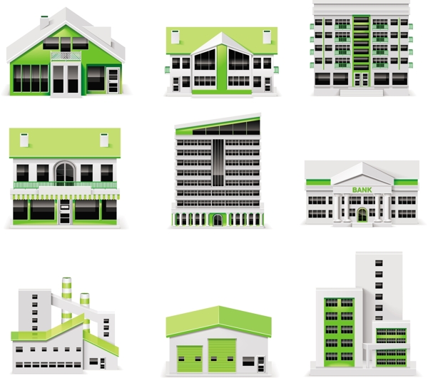 不同的绿色城市建筑设计矢量