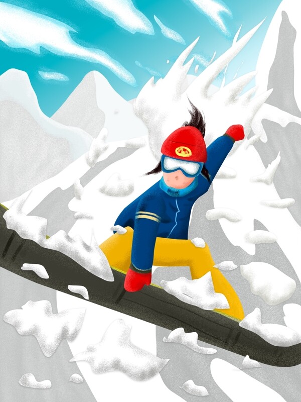 冬季滑雪运动肌理颗粒感插画