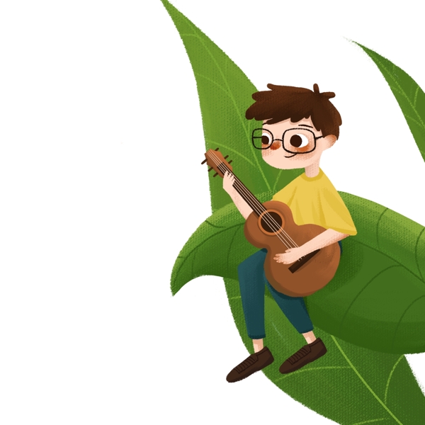 小男孩坐在叶子上弹琴免抠图