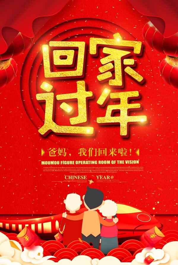 红色喜庆狗年春节回家过年海报设计