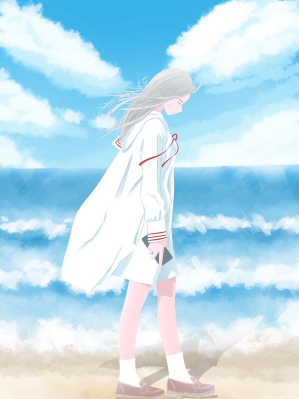 日漫风日常场景插画海边散步的女孩