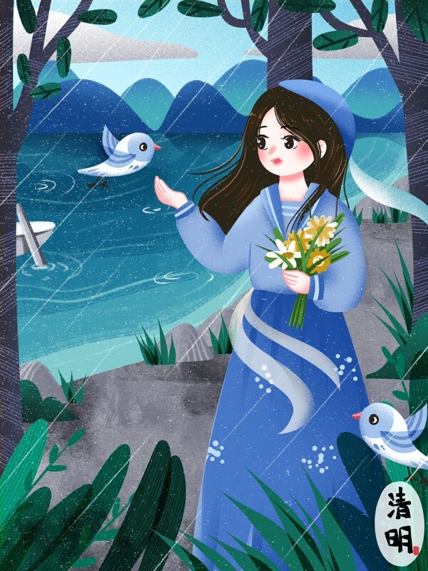 踏青清明节时节雨纷纷拿着花祭祖的女孩小鸟