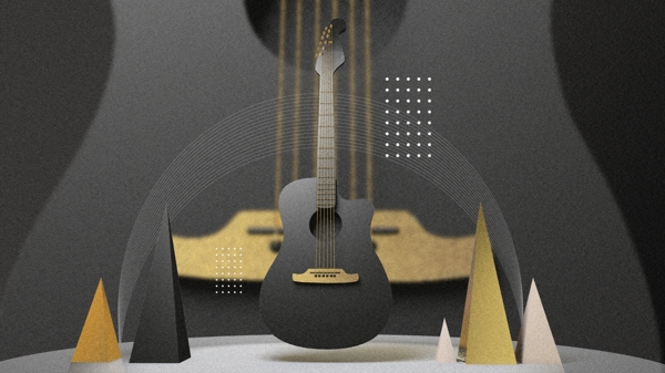 c4d创意吉他音乐黑金金属场景插画