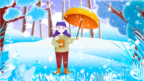 冬季树林女孩插画