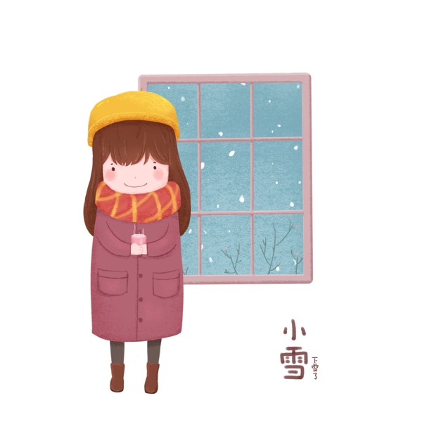 二十四节气小雪手绘插画风窗外下雪冬装女孩