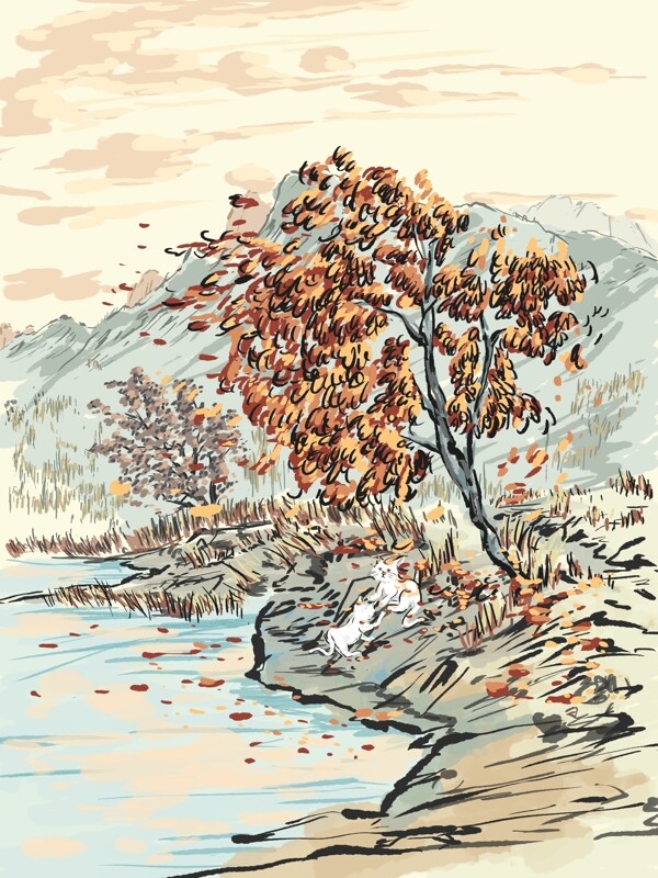 原创中国风水墨插画秋季的落叶天