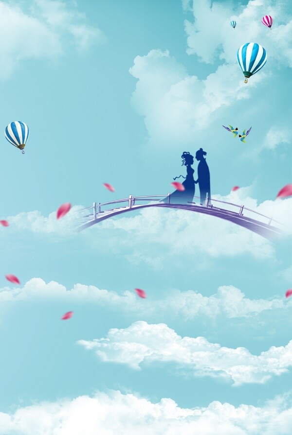 七夕情人节情侣热气球浪漫海报
