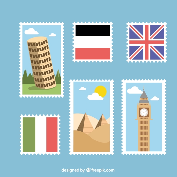 手绘国家元素邮票平面设计图标