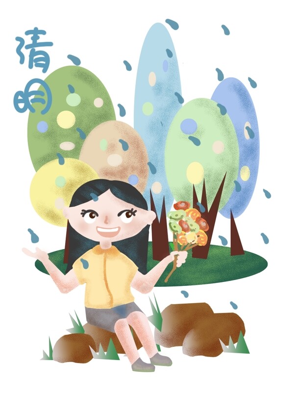 清明节拿着鲜花的女孩插画