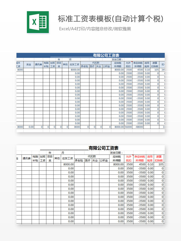标准工资表模板自动计算Excel文档