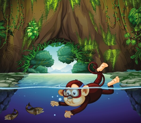 矢量卡通动漫猴子捉鱼场景素材