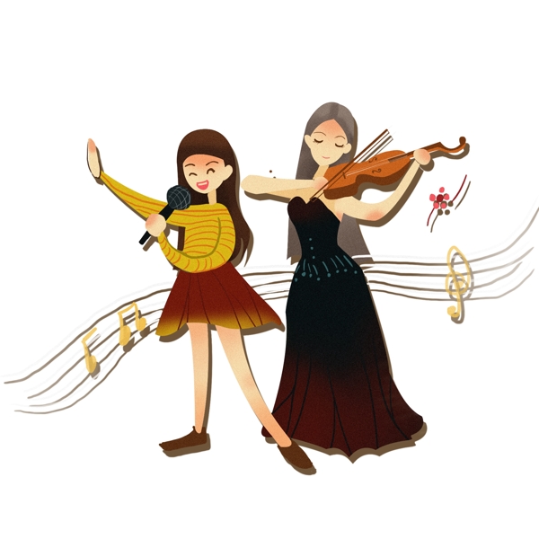 拉小提琴唱歌的女孩元素设计