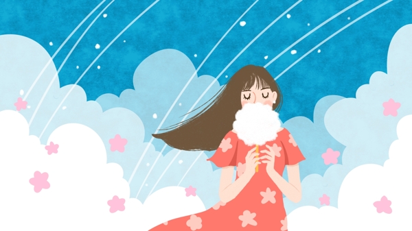 蓝天白云中拿着棉花糖的少女清新插画
