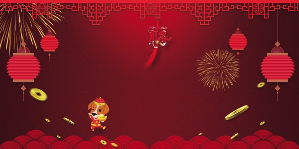 中式大红色新年节日背景展板背景广告背景