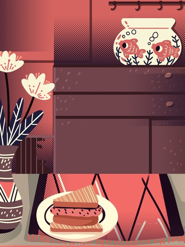 粉色温馨晚餐插画背景