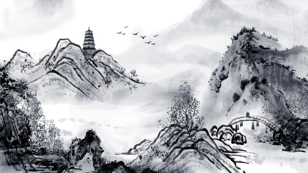 唯美古典复古中国水彩画水墨画插画