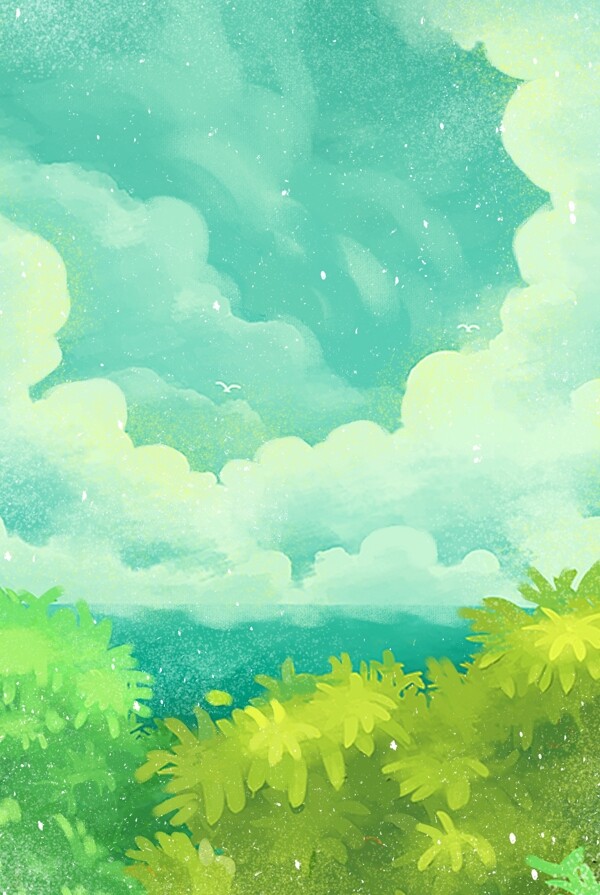 手绘卡通绿色丛林天空背景