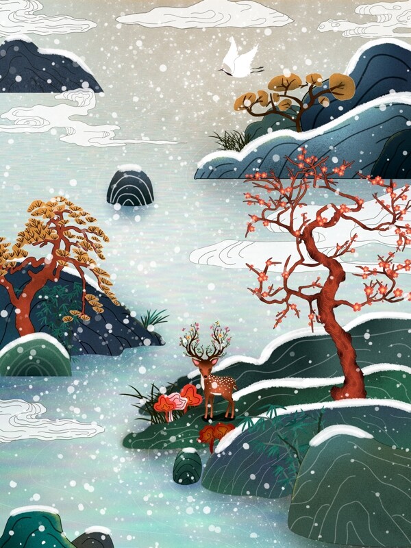 中国风冬季复古水墨梅花插画