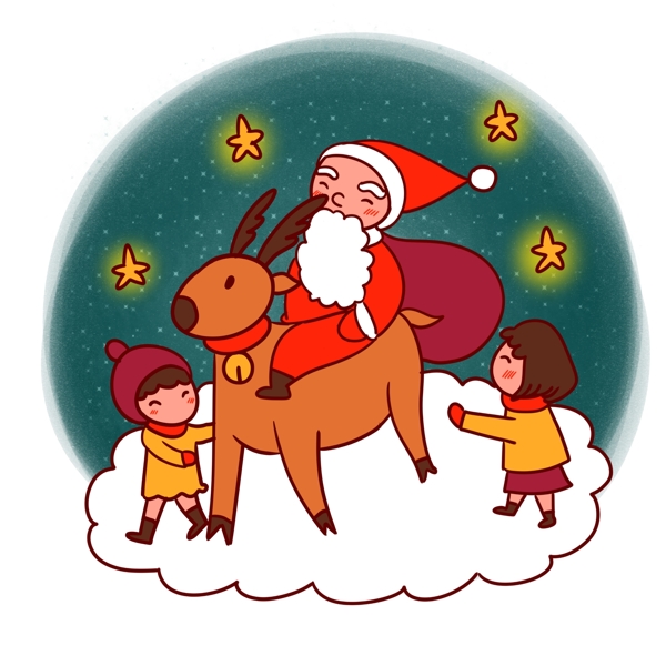 手绘卡通可爱圣诞节圣诞老人和小孩子
