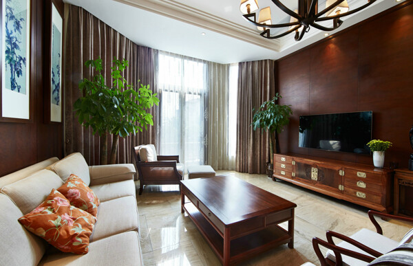 中式典雅客厅木制背景墙室内装修效果图