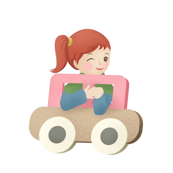 彩绘坐在小车里的女孩
