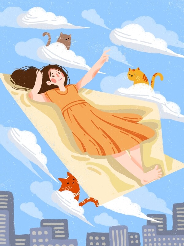 梦想幻想纸飞机小女孩宠物猫咪旅行记插画