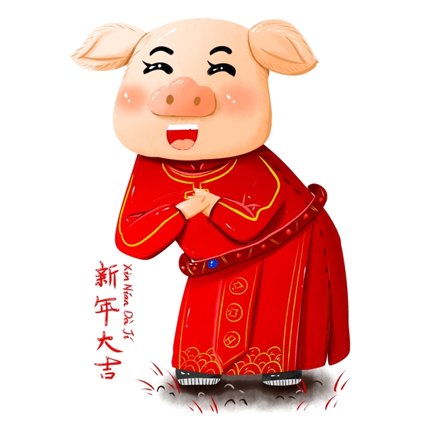 原创手绘春节2019猪形象新年大吉元素