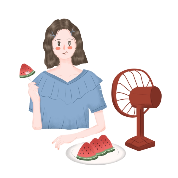 清凉夏季吃西瓜吹风扇的女孩手绘设计