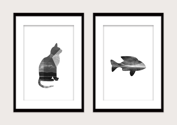 黑白几何猫和鱼形状风景双拼现代装饰画