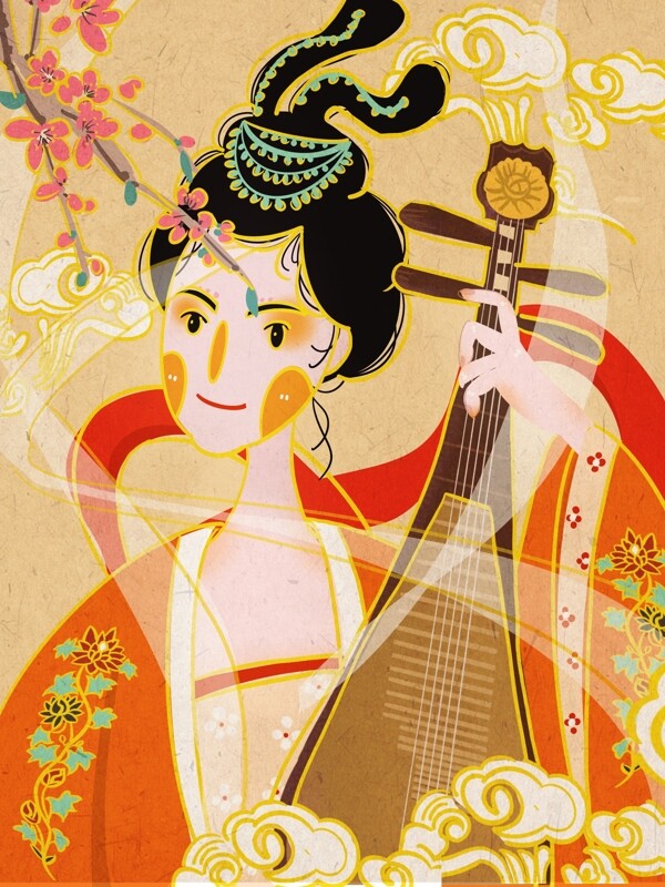 国潮抱琵琶的古代美女插画