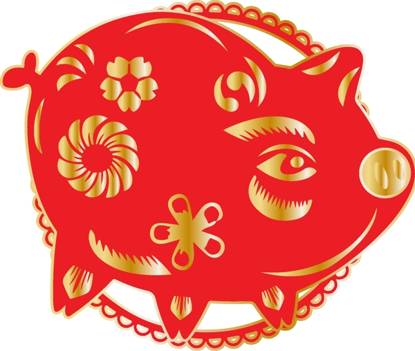 红色金色猪剪纸春节AI素材