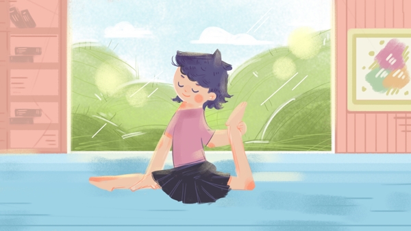 瑜伽运动少女手绘插画简约儿童背景海报可爱